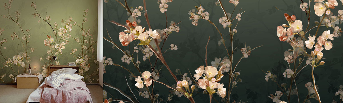 Tapeten: Blütenzweige auf dunklem Hintergrund