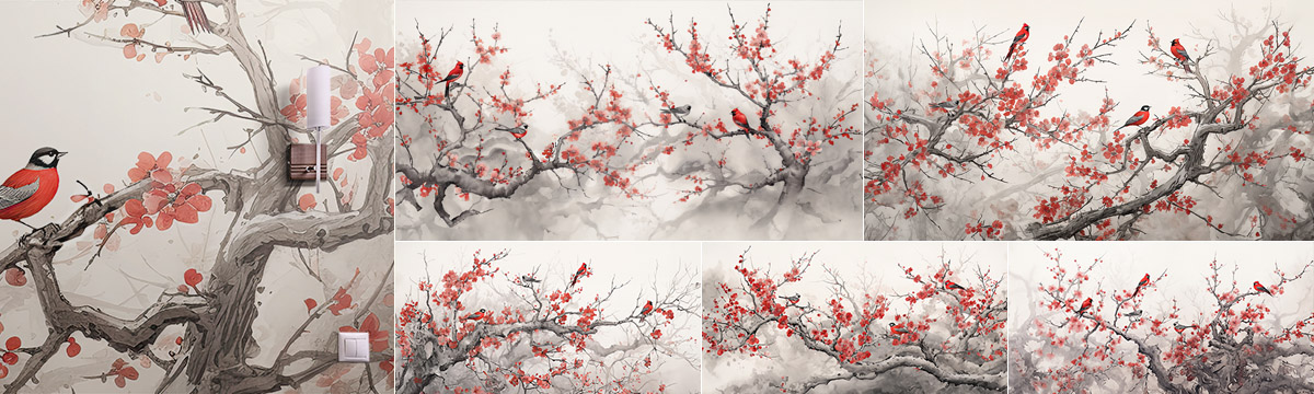 Panorama Tapeten mit Kirschblüten und Vögeln im Stil japanischer Tuschemalerei in schwarzer und roter Tinte