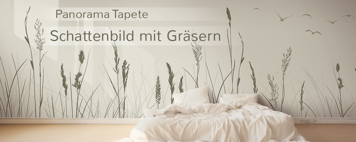 Schattenbild: Tapetenpanorama mit Gräsern. Nach Maß gedruckt auf hochwertigem Tapetenvlies.