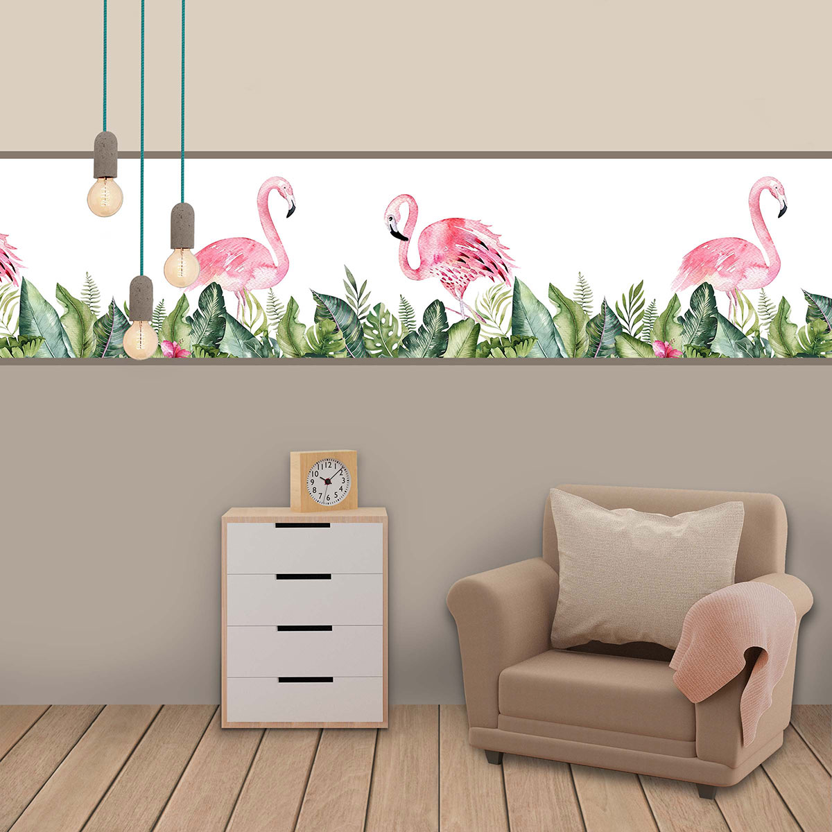 Einrichtungsbeispiel Tapetenborte mit Flamingos