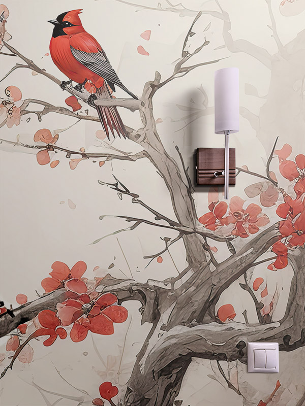 Detailansicht einer Tapete mit Kirschblüten und Vögeln in japanischer Tuschetechnik
