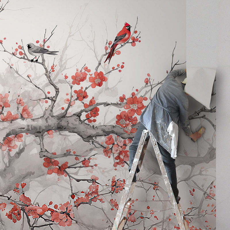 Montage einer Tapetenwand mit Kirschblüten