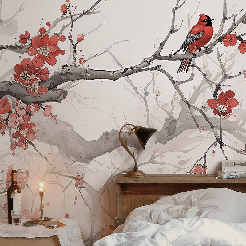 Einrichtungsbeispiel Schlafzimmer: Tapete mit Kirschblüten und Vögeln hinterm Bett