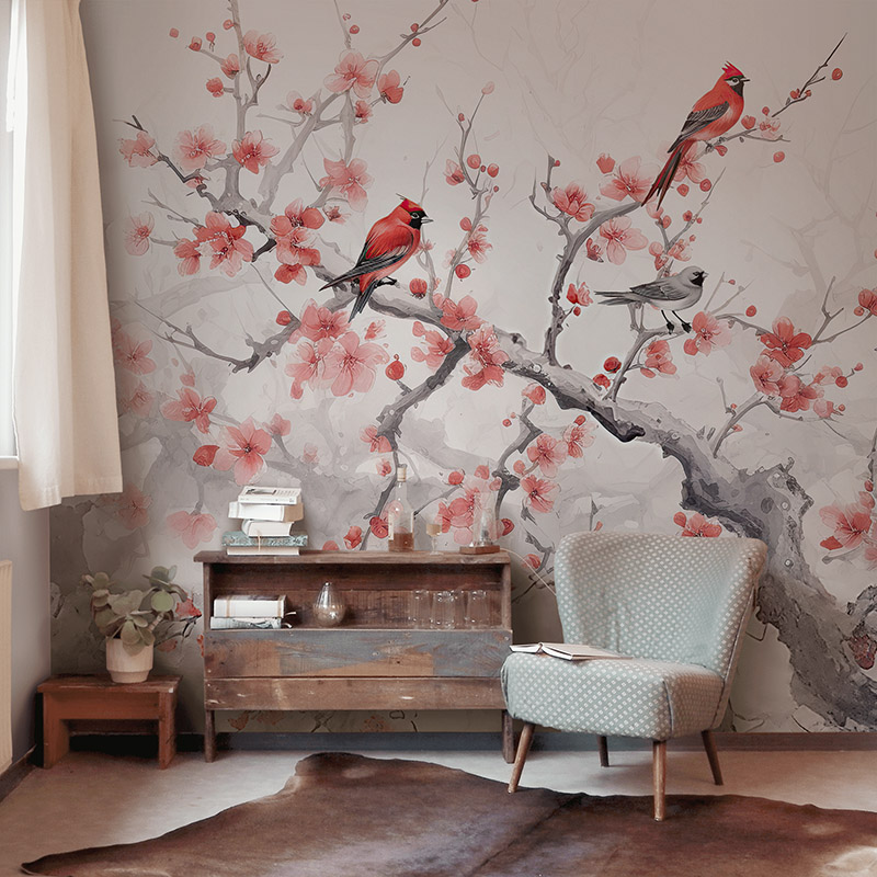 Einrichtungsbeispiel einer Tapete mit Kirschblüten und Vögeln im Wohnzimmer