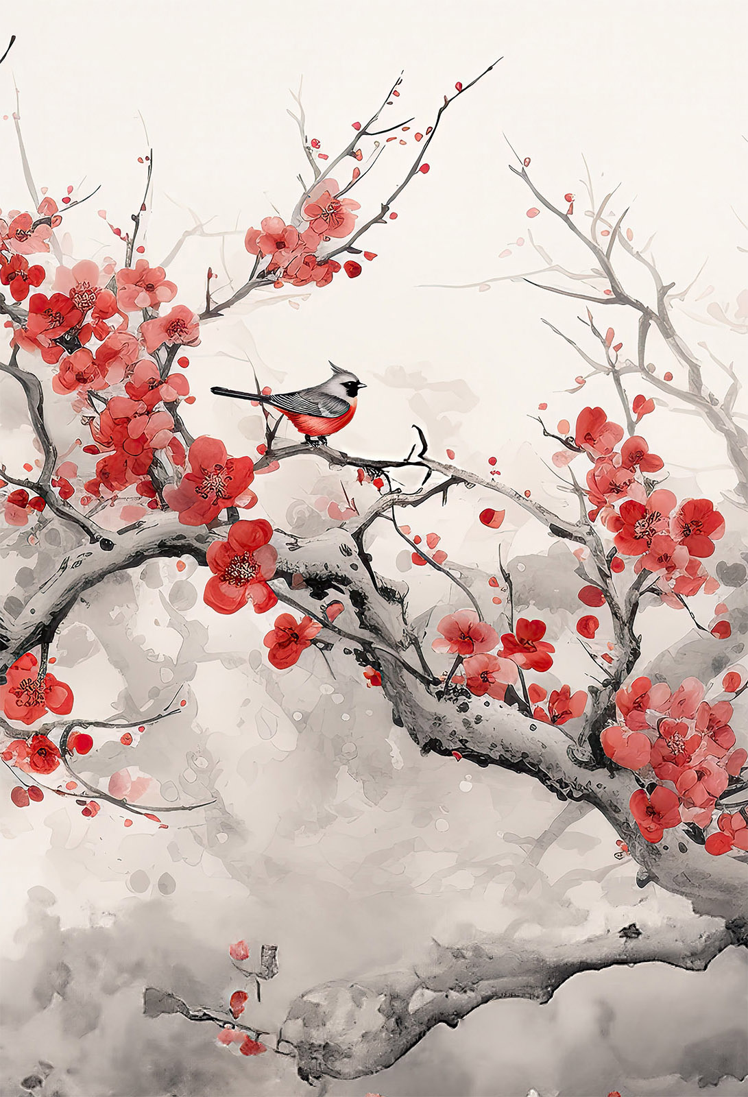 Tapeten Set mit zwei Bahnen: Tuschezeichnung mit Kirschblüten und Vögeln