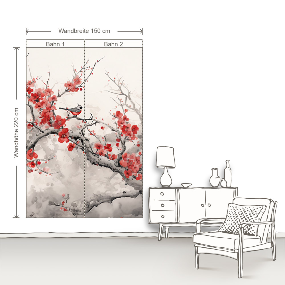 Montageansicht einer Tapetenwand mit Festmaßen: 150 x 220 cm - Motiv mit Blüten und Vögeln in schwarzer und roter Tinte auf hellem Hintergrund