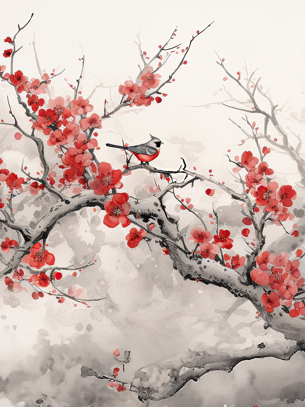 Tapeten Set mit drei Bahnen: Tuschezeichnung mit Kirschblüten und Vögeln
