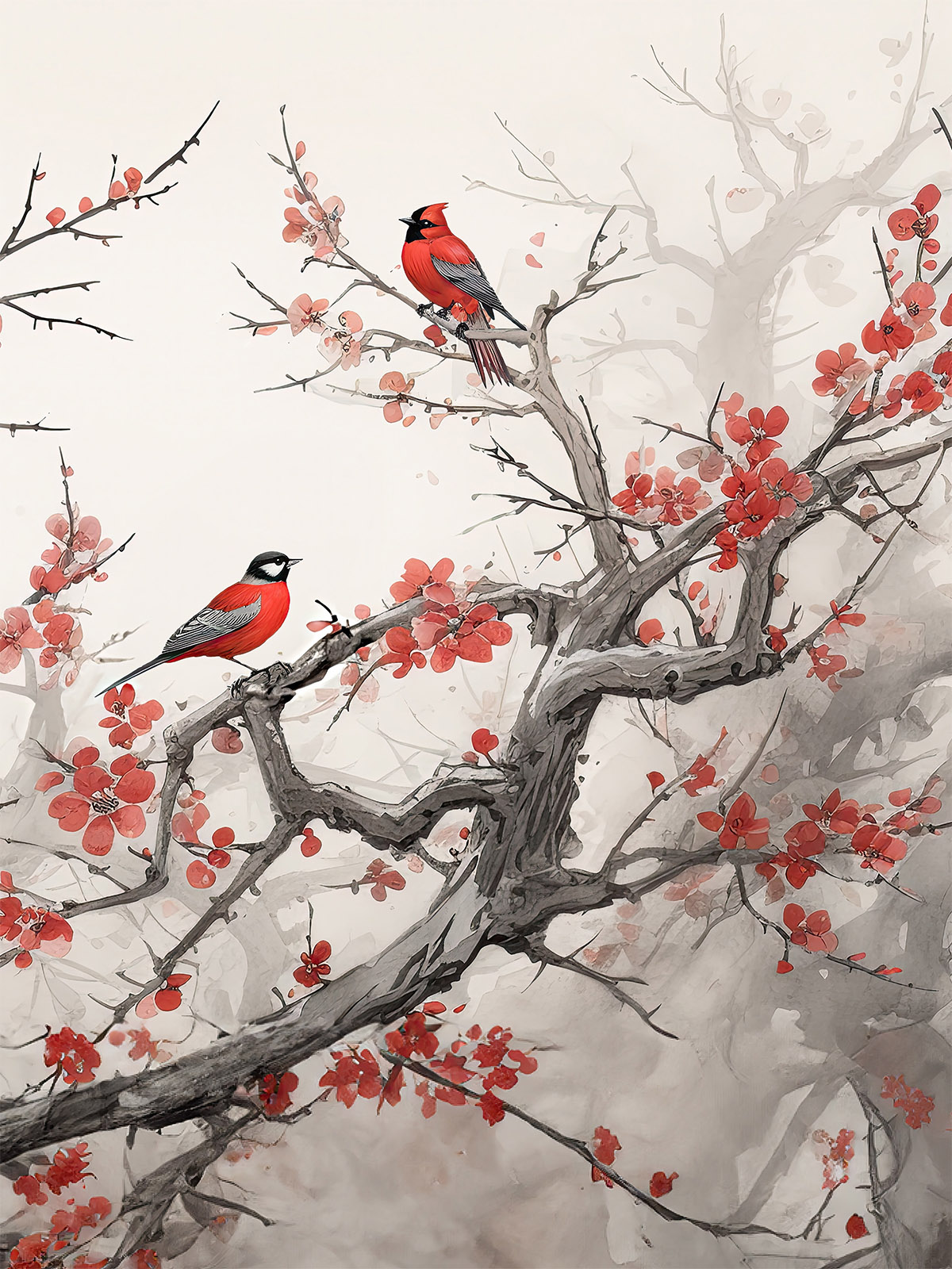 Tapeten Set mit drei Bahnen: Tuschezeichnung mit Kirschblüten und Vögeln