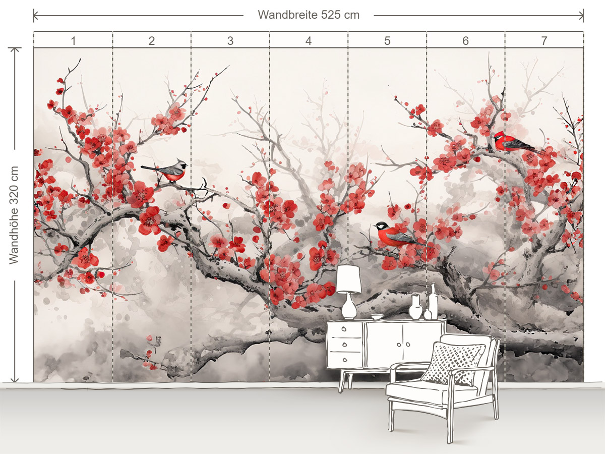 Montageansicht einer Tapetenwand mit Festmaßen: 525 x 320 cm - Motiv mit Blüten und Vögeln in schwarzer und roter Tinte auf hellem Hintergrund
