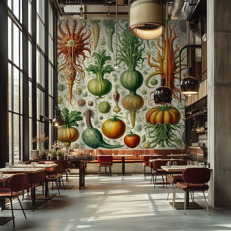 Fotoansicht einer Gemüse-Tapete nach Hernst Haeckel im Restaurant
