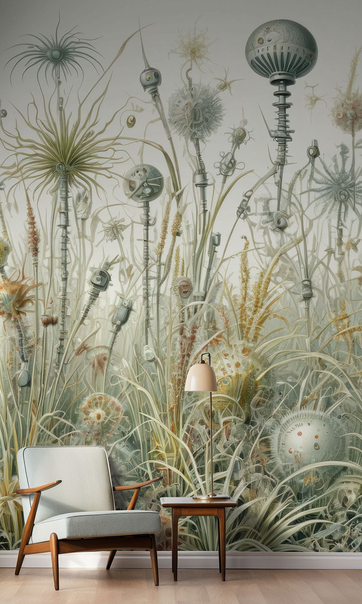 Raumansicht einer Blumentapete mit Gräsern & Roboterobjekten nach Hernst Haeckel
