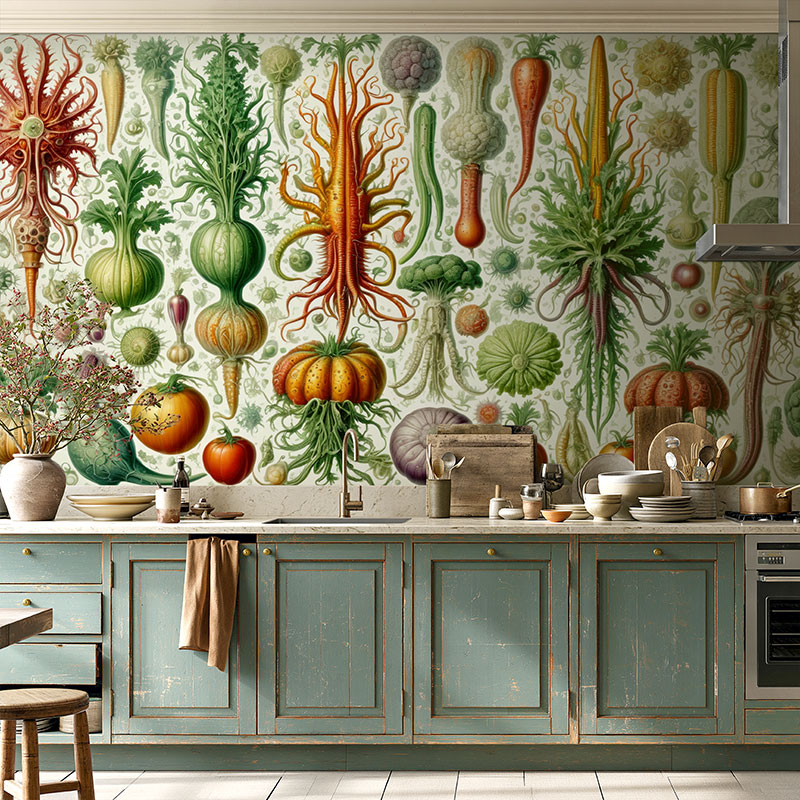 Raumansicht einer Küche mit einer Tapete nach Hernst Haeckel