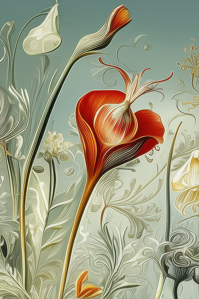 Raumansicht einer Blumentapete mit Gräsern & Roboterobjekten nach Hernst Haeckel