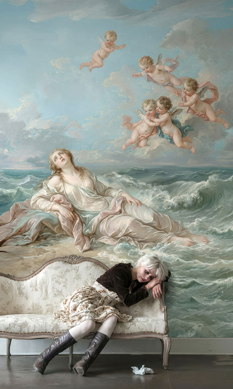 Photomontage mit weinendem Mädchen vor der Tapete von Ophelia